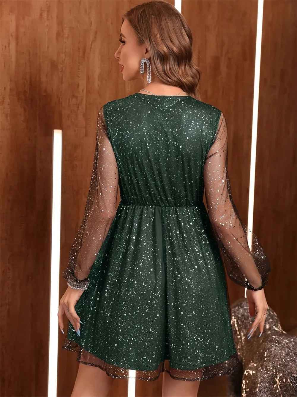 Dark Green Glitter Mini Dress - Surplice Long Sleeve