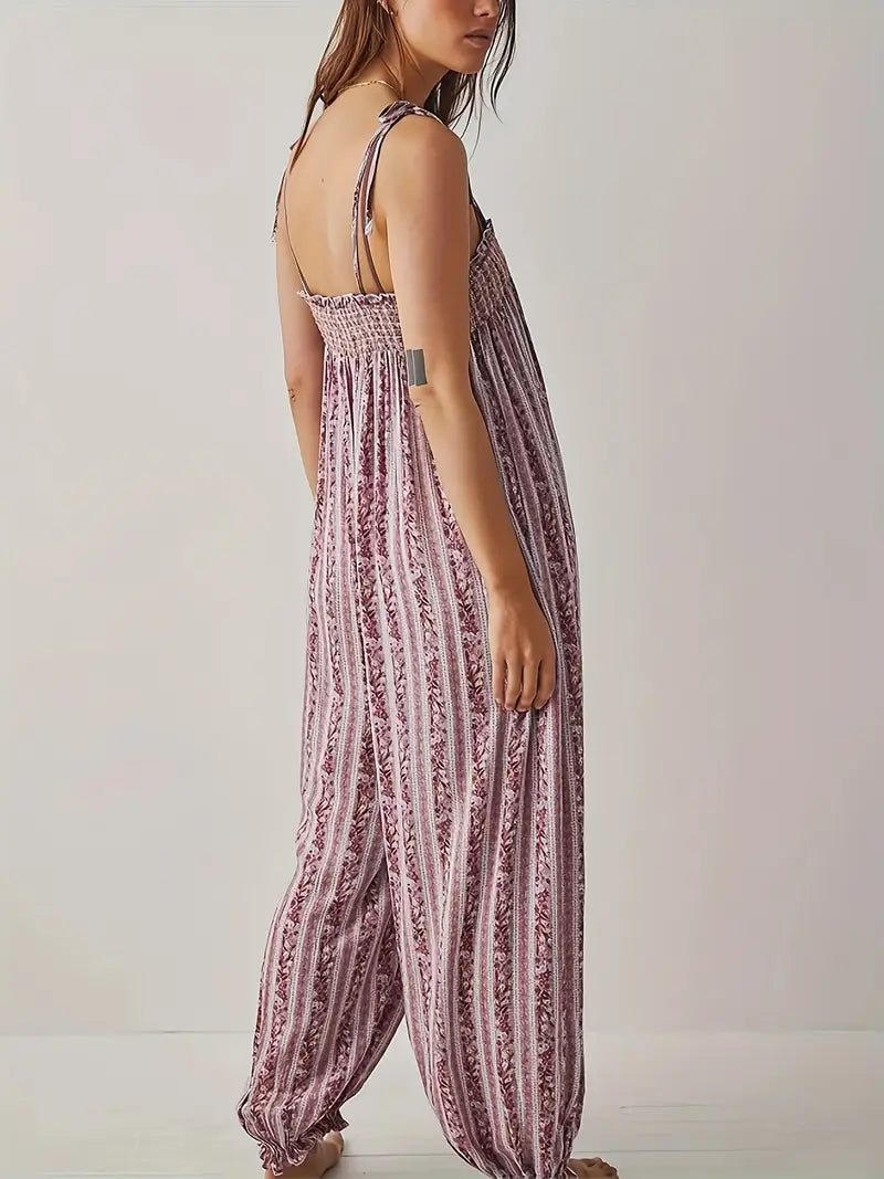 Sleeveless Flowy Vibrant Striped Jumpsuit with Lace Trim