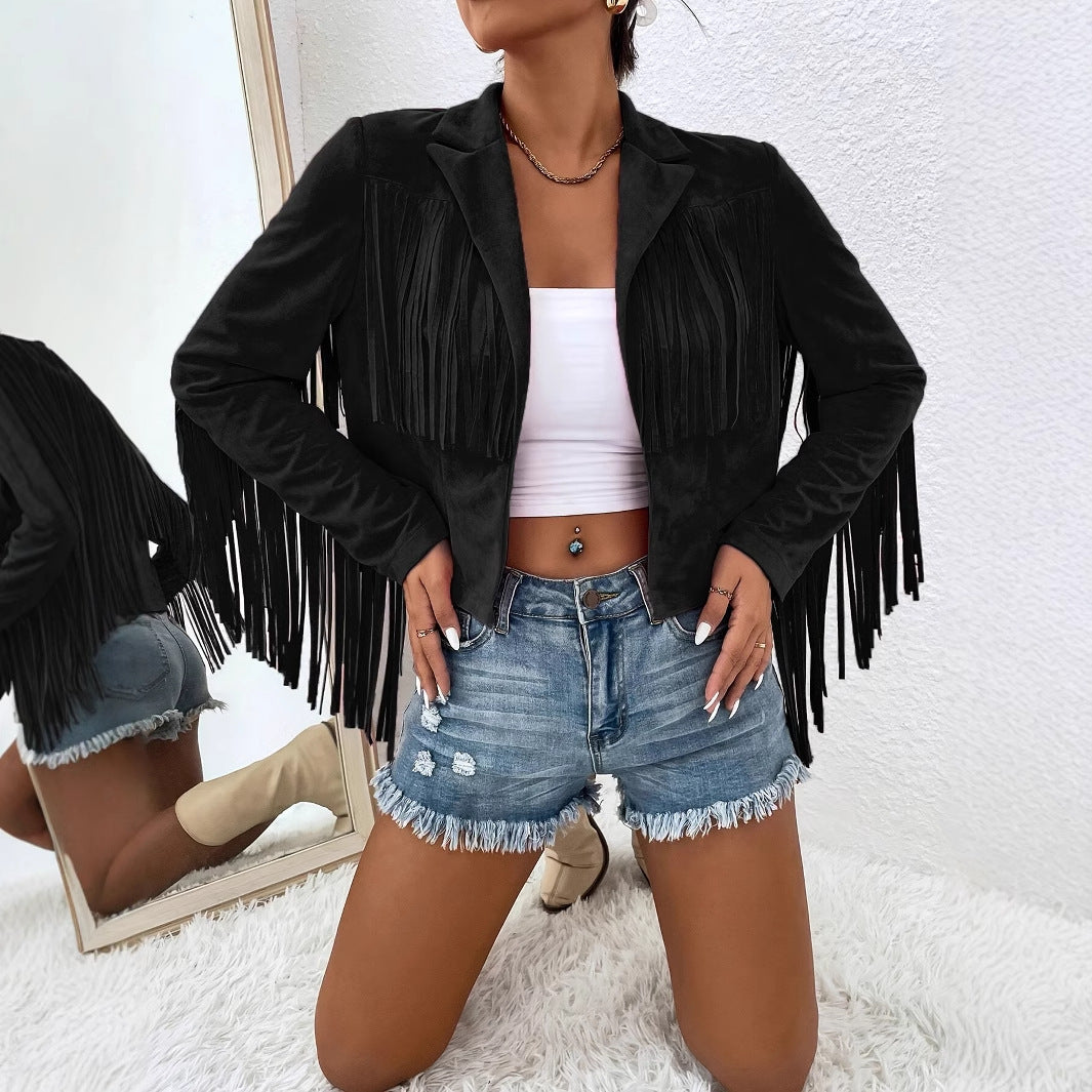Women's Black V-Neck Fringe Jacket - Long Sleeve Short Coat