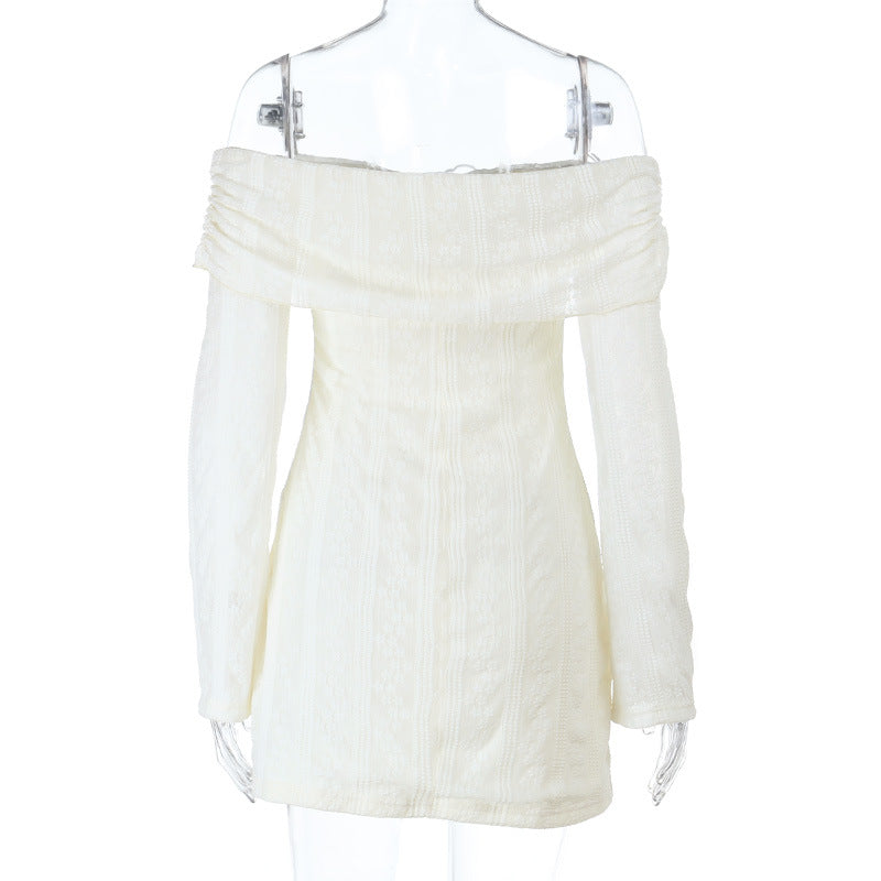 Off Shoulder Backless Lace Dress - Long Sleeve Mini Apricot - Fashions Envy