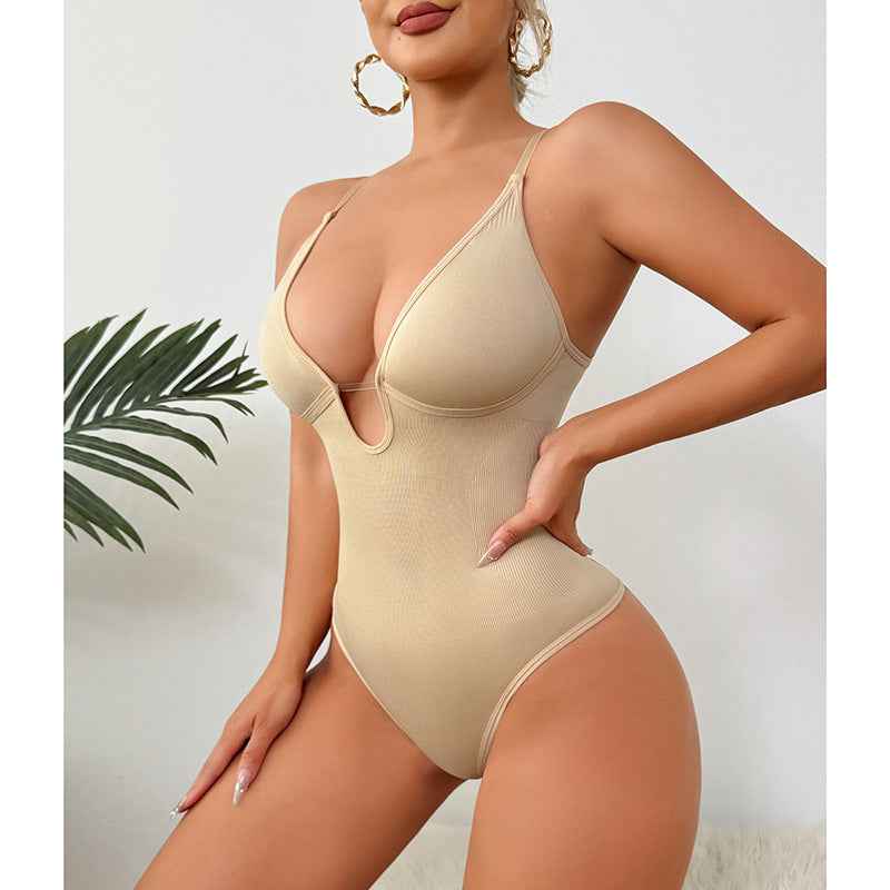 Deep V-Neck Thong Bodysuit - Tummy Control Shapewear