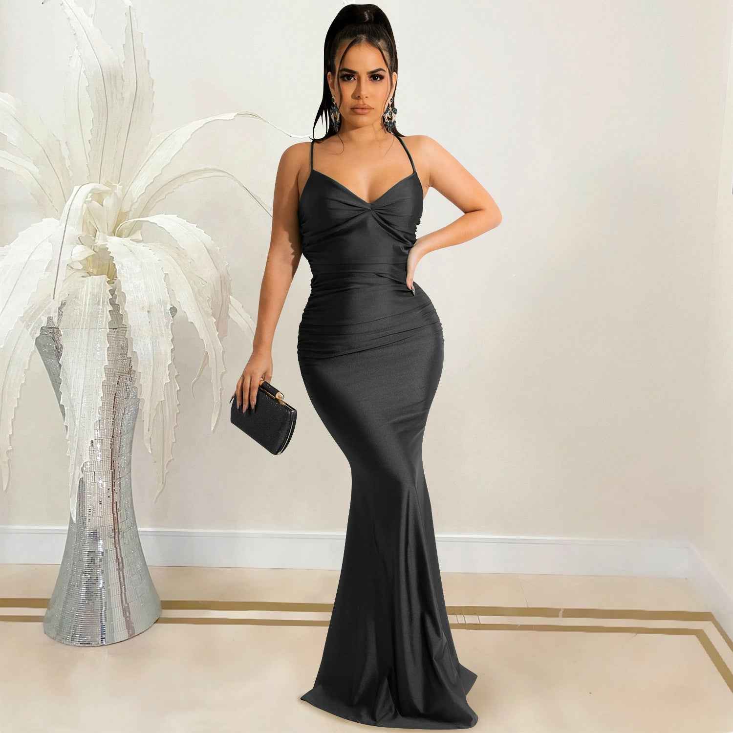 Spaghetti Strap Backless Maxi Dress - Tie Up Bodycon Satin