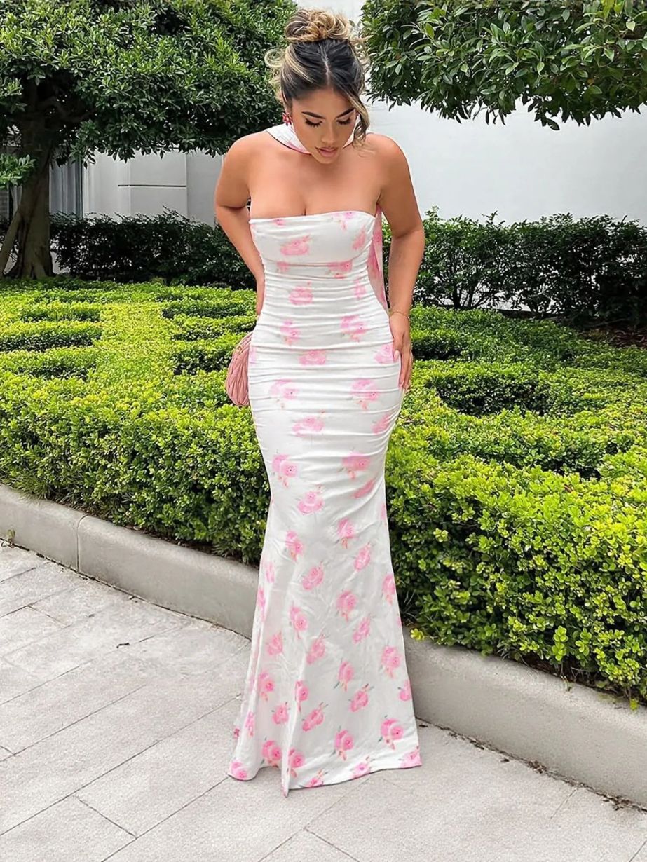 Strapless Ribbon-Trimmed Prom Gown - Fitted Sheath Dress