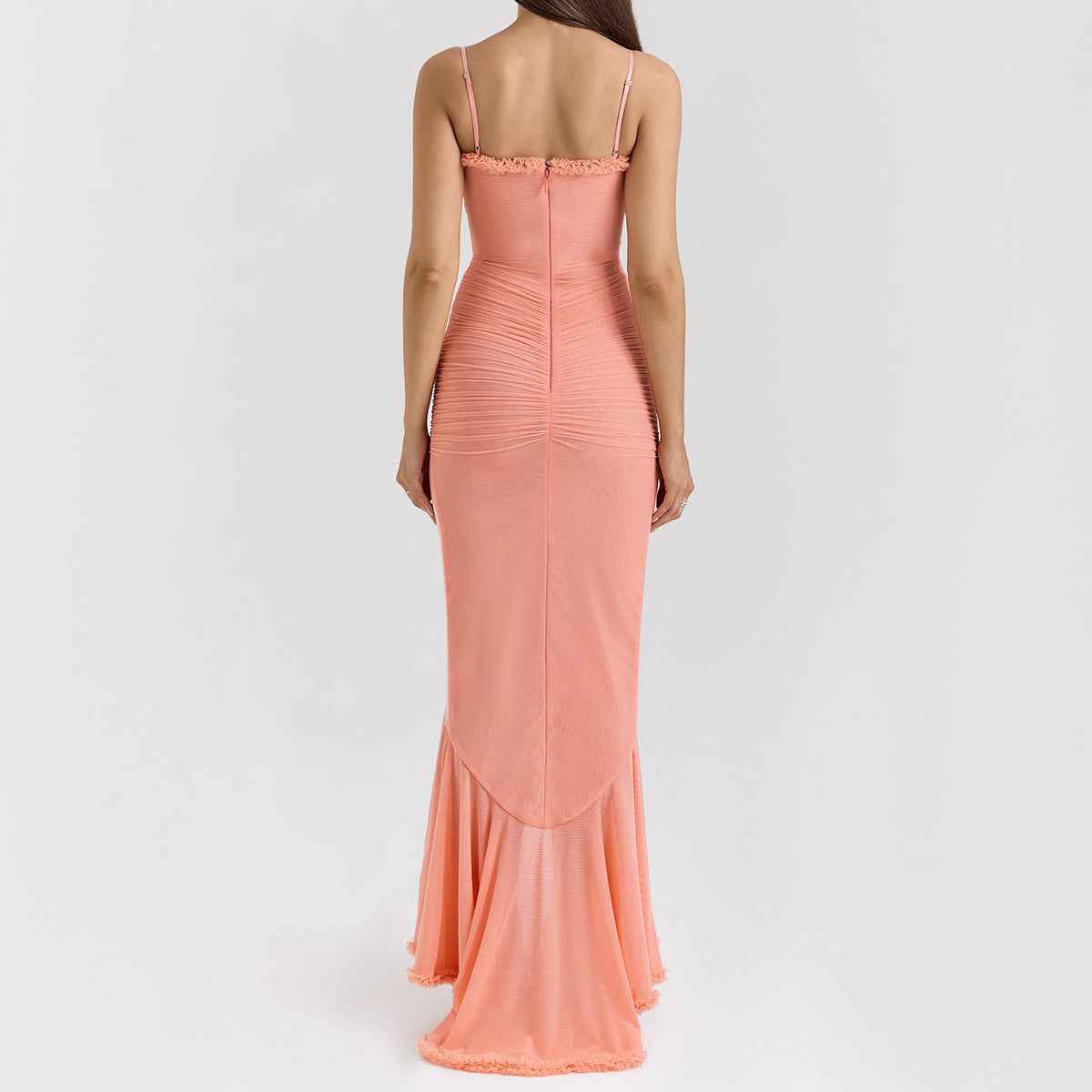 Spaghetti Strap Mesh Maxi Dress - Layered Irregular Hem
