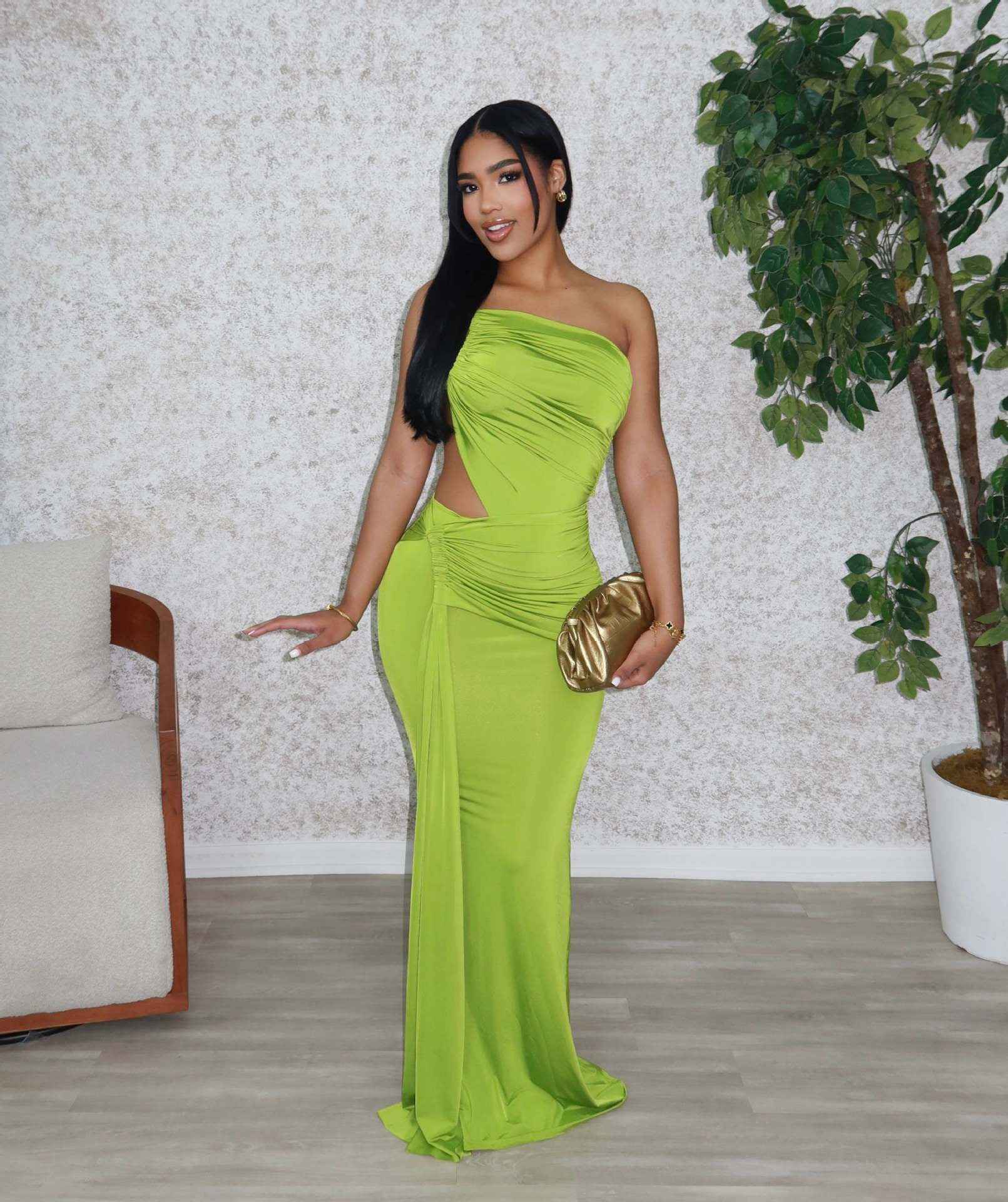 One Shoulder Cutout Maxi Dress - Pleated Bodycon Fit