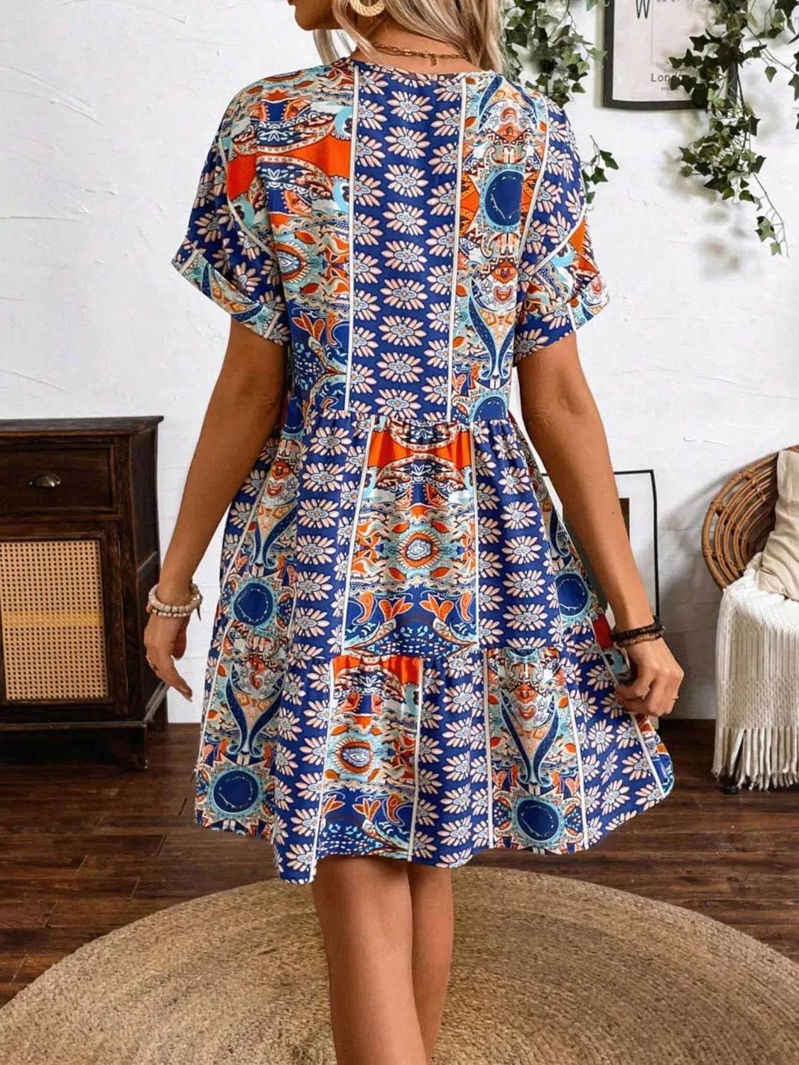 Printed V-Neck Short Sleeve Dress - Ruffled Detail Summer Dress - Fashions Envy