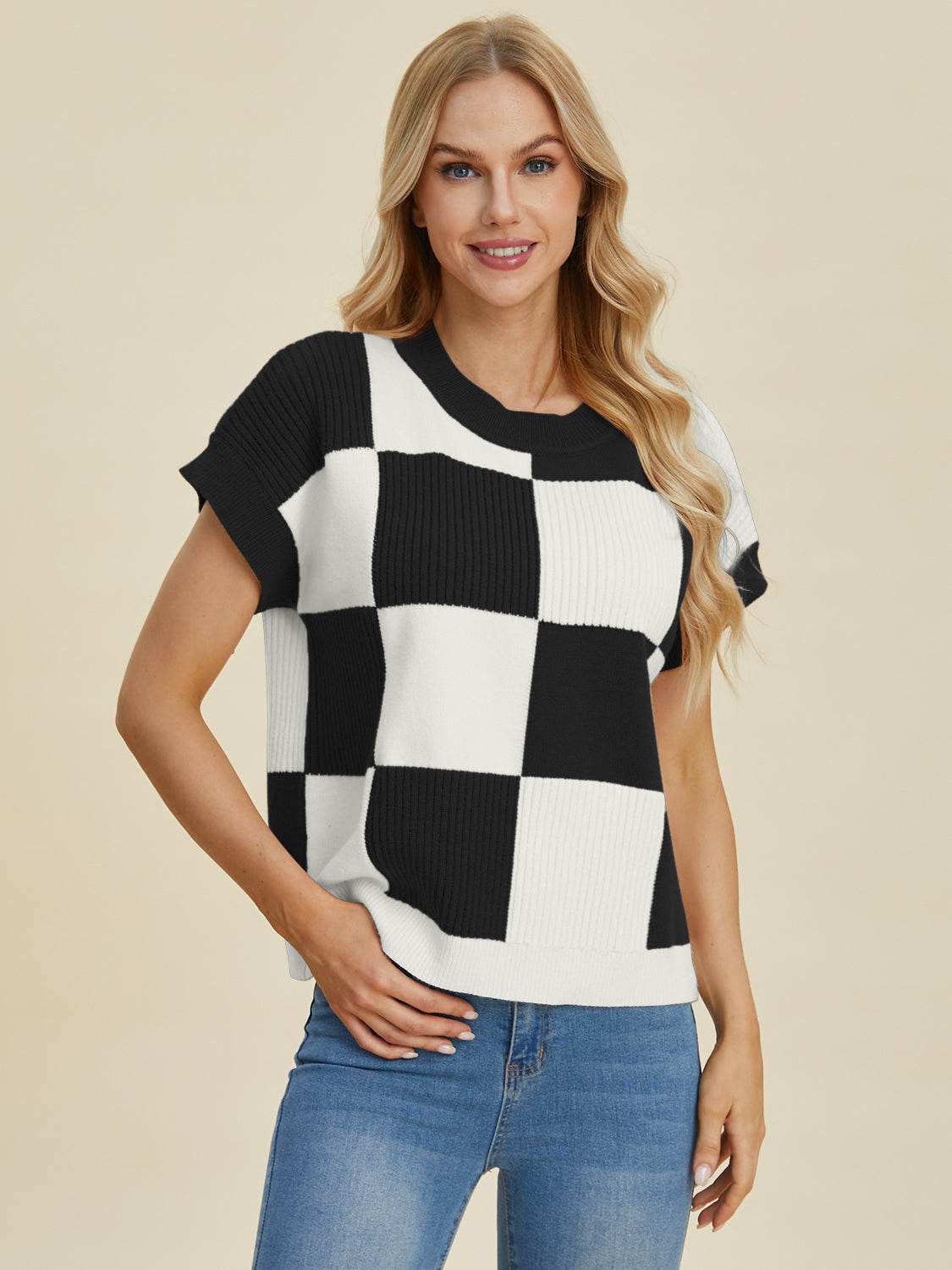 Double Take Full Size Checkered Round Neck Short Sleeve Sweater - Fashions Envy