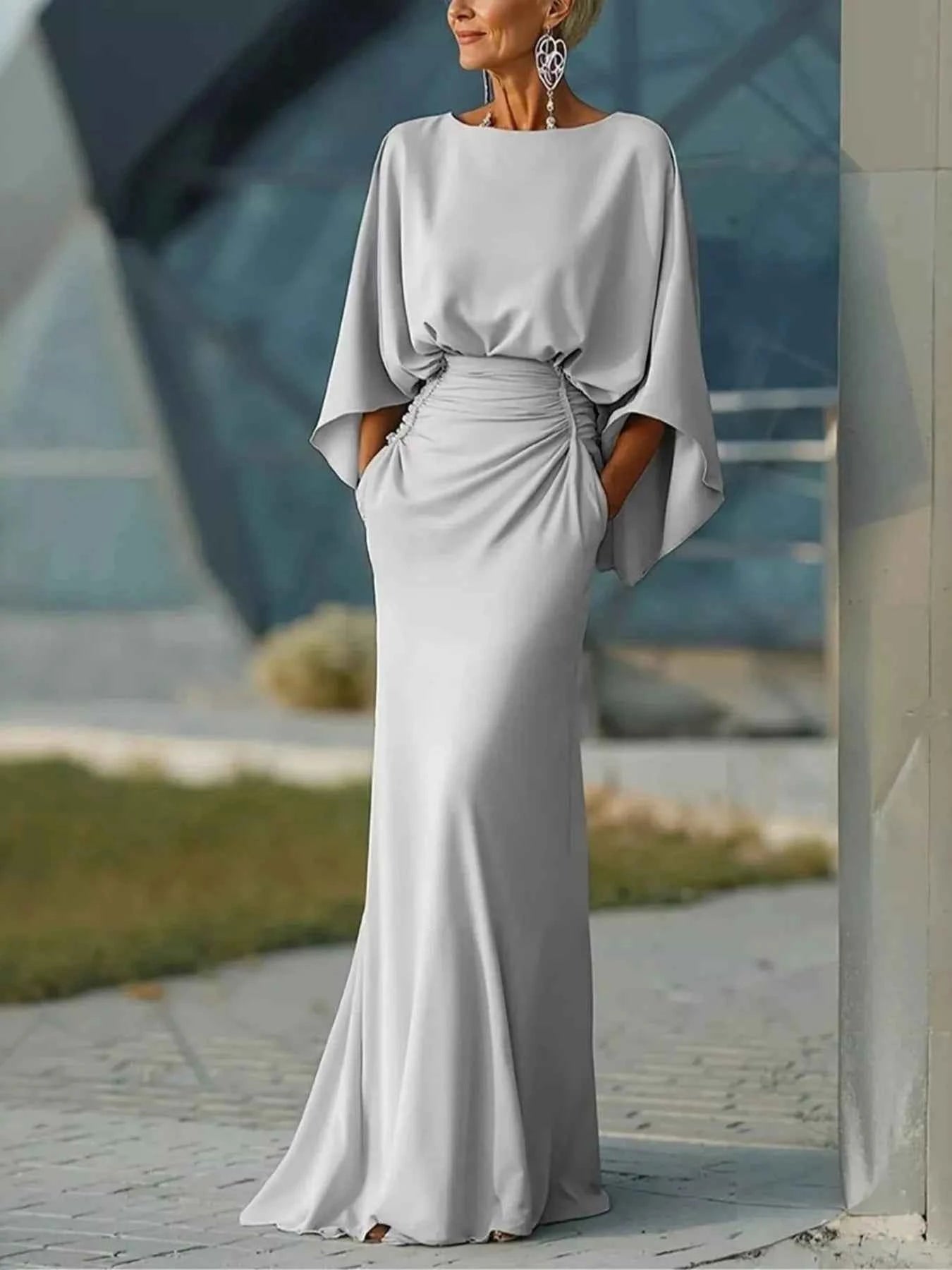 Batwing Sleeve Ruched Maxi Dress - Elegant Gown