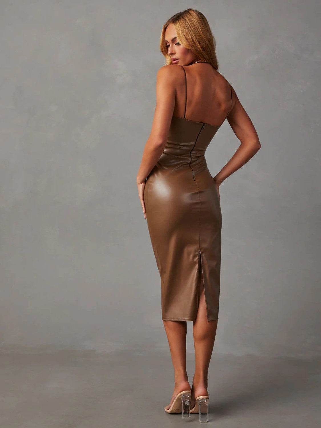 PU Slit Midi Dress - Fashions Envy
