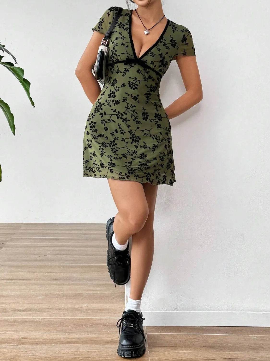 Printed V-Neck Short Sleeve Mini Dress - Cute Bow Detail Summer Dress - Fashions Envy