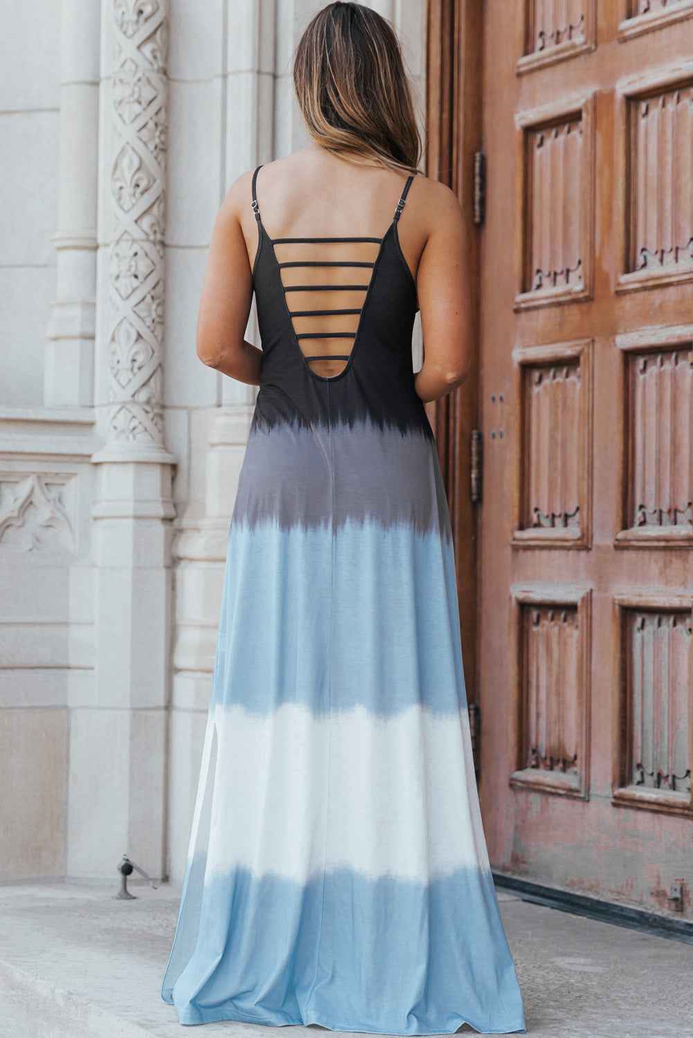 Tie Dye Maxi Dress - Sky Blue Strappy Back Slit