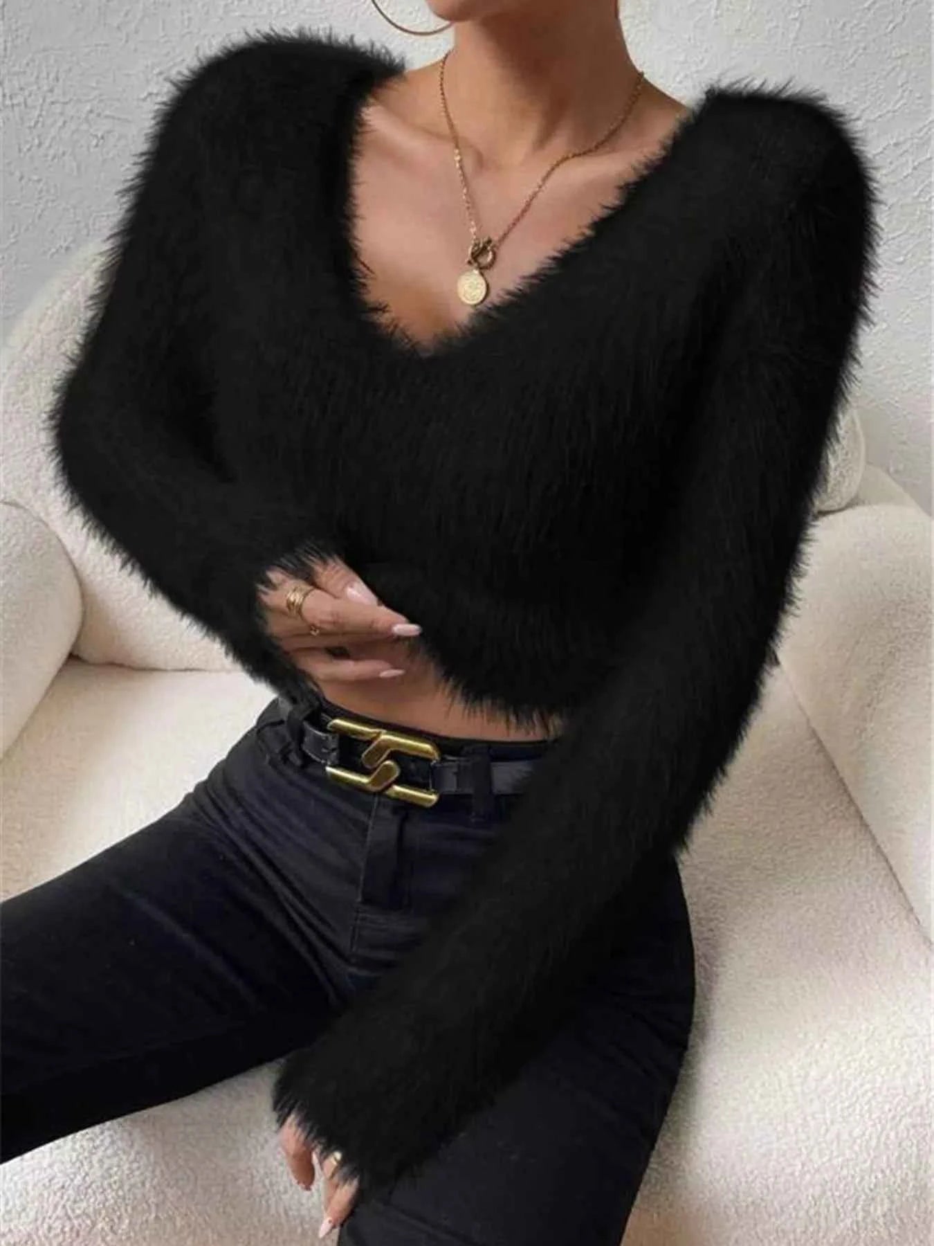 Fluffy Knit V-Neck Sweater