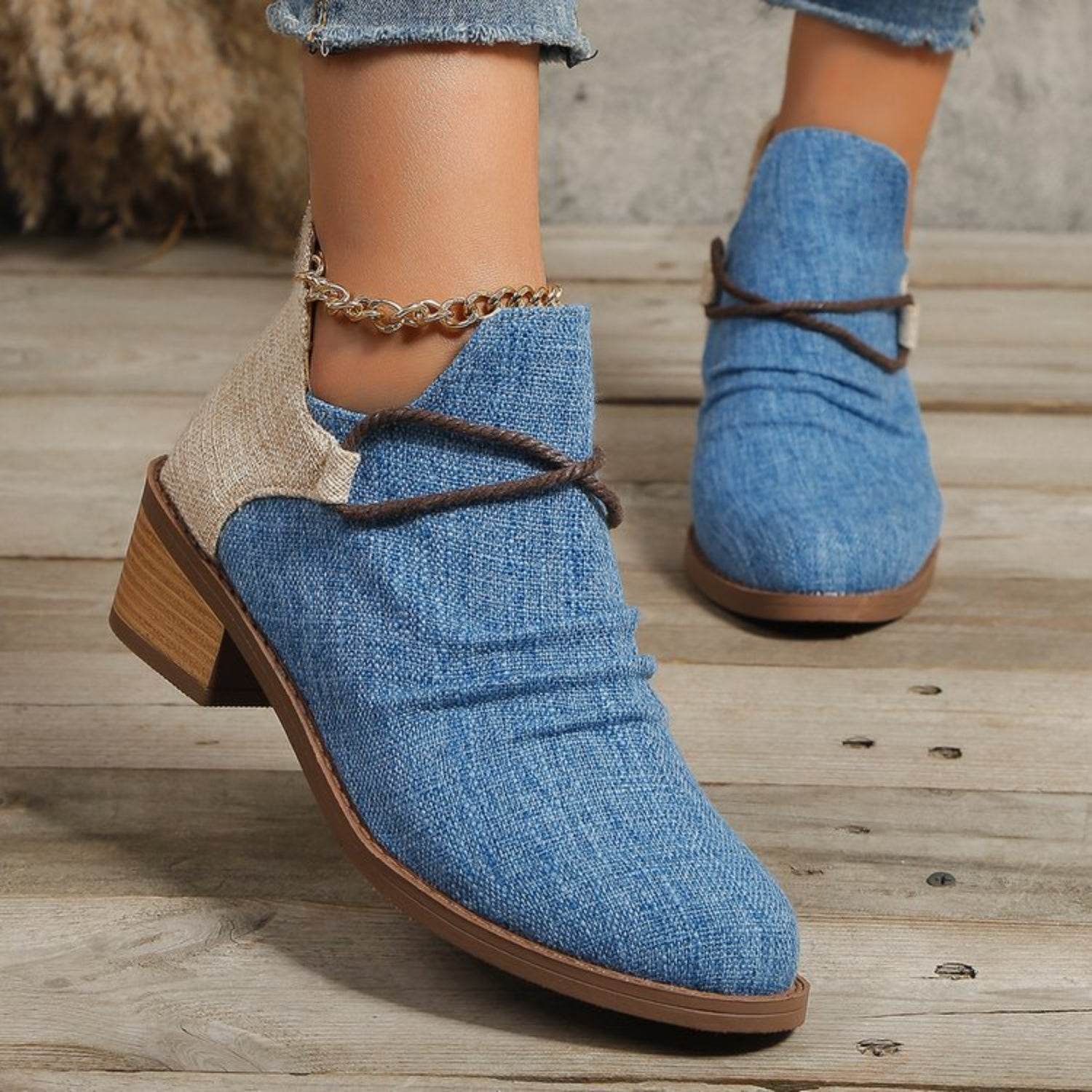 Contrast Canvas Low Heel Boots - Fashions Envy