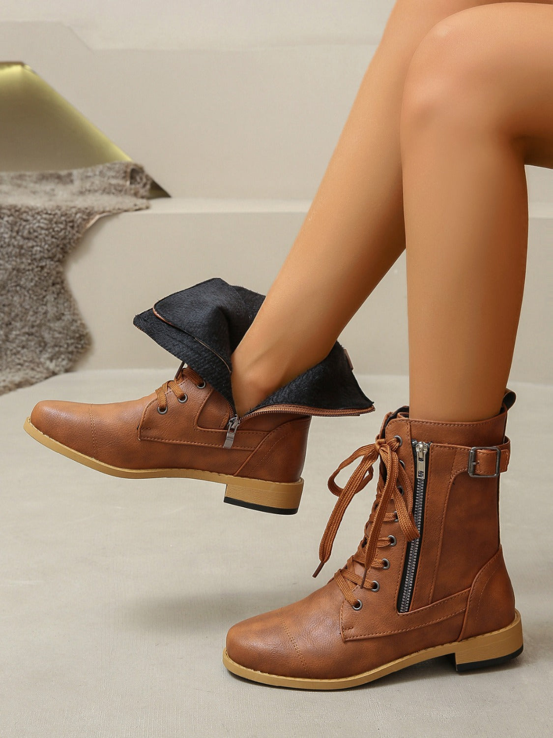 PU Leather Lace-Up Low Heel Zipper Boots