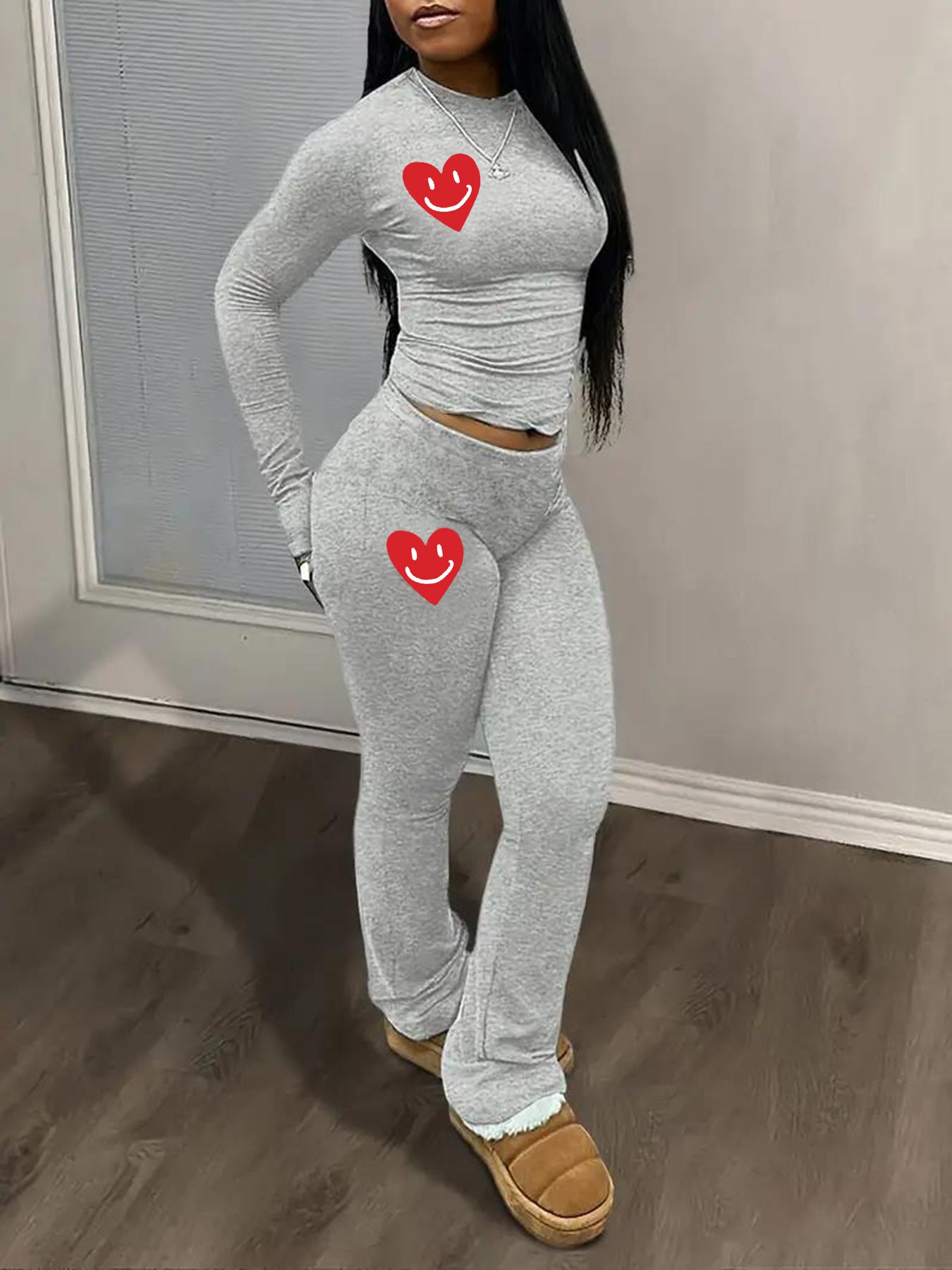 Heart Graphic Two-Piece Set - Matching Crop Top & Pants