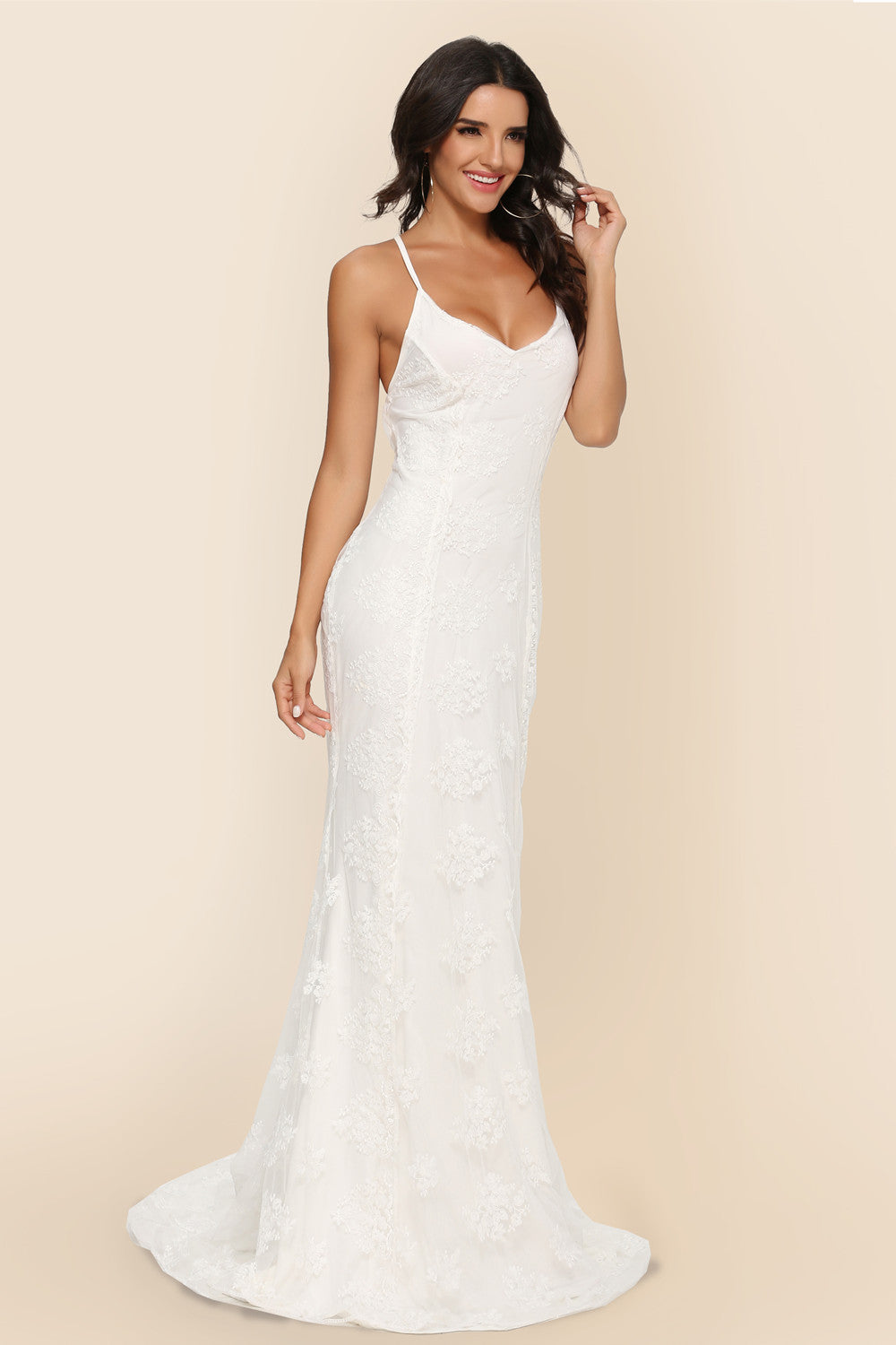 V-Neck Wedding Dress - Elegant Trailing Bridal Gown