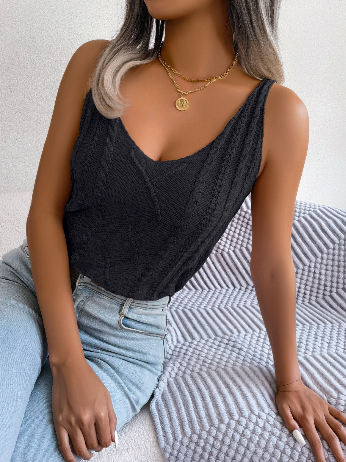 Cable-Knit Scoop Neck Knit Vest - Fashions Envy