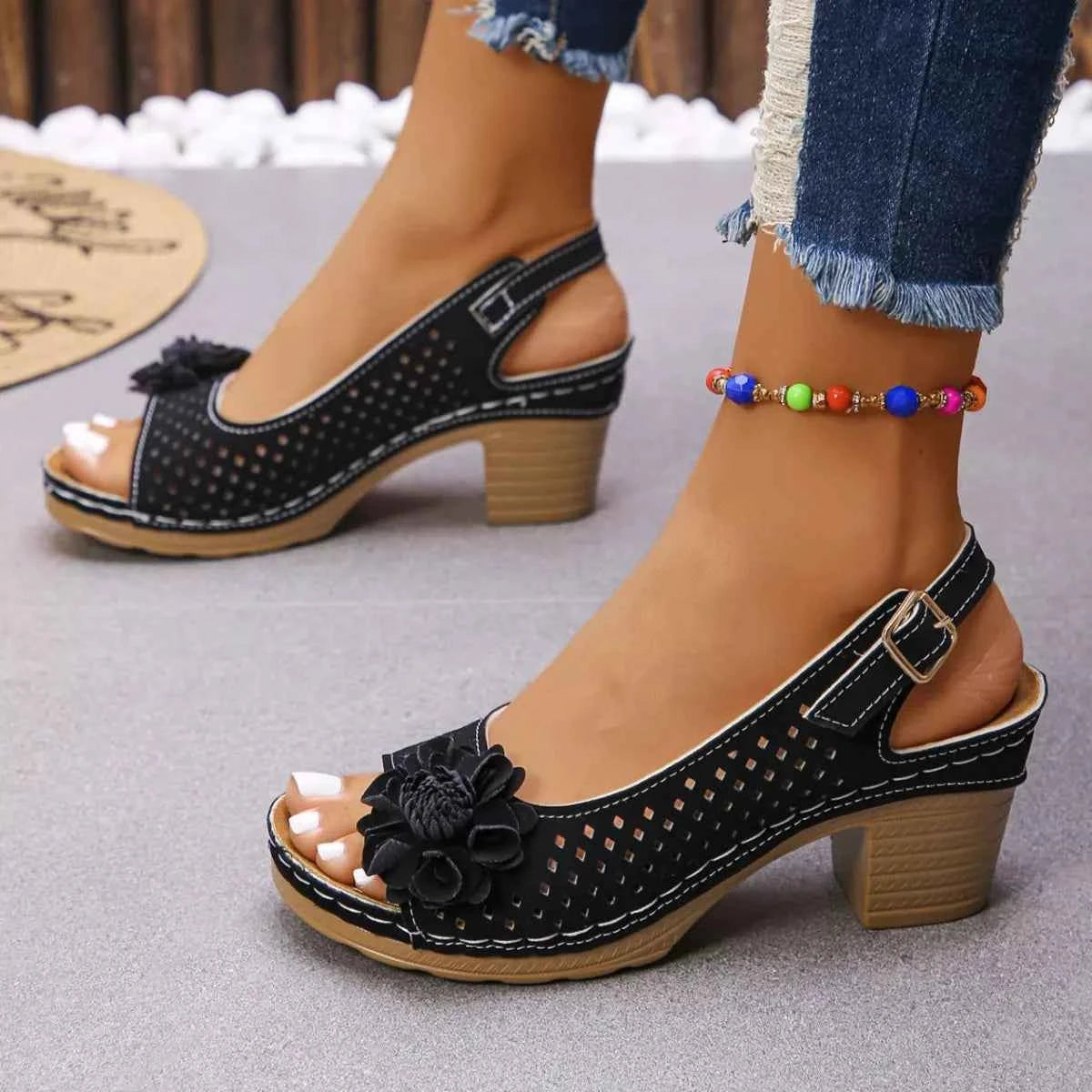 Floral Accent Block Heel Sandals