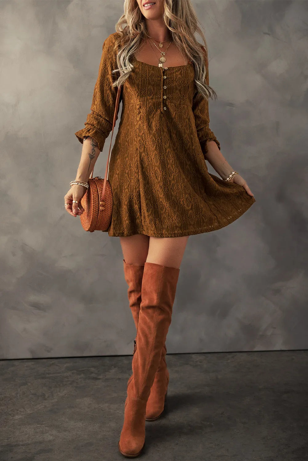 Decorative Button Textured Square Neck Mini Dress