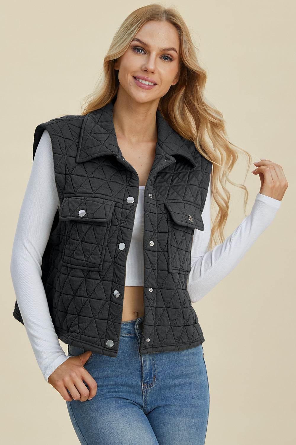 Double Take Full Size Pocketed Texture Snap Down Vest Coat - Fashions Envy