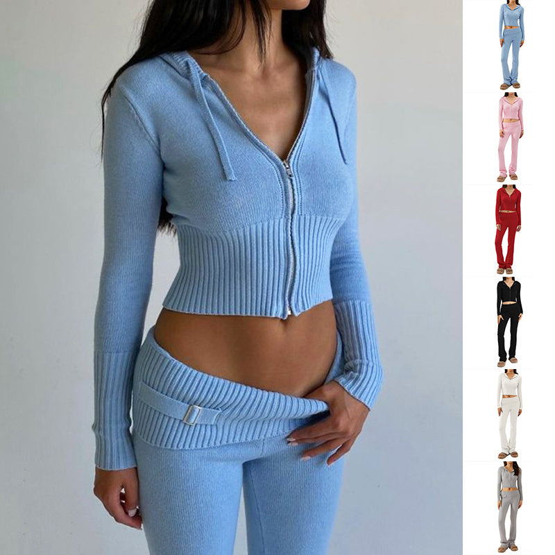 Soft Zip-up Long Sleeve Crop Sweater and Low Waist Pants Set