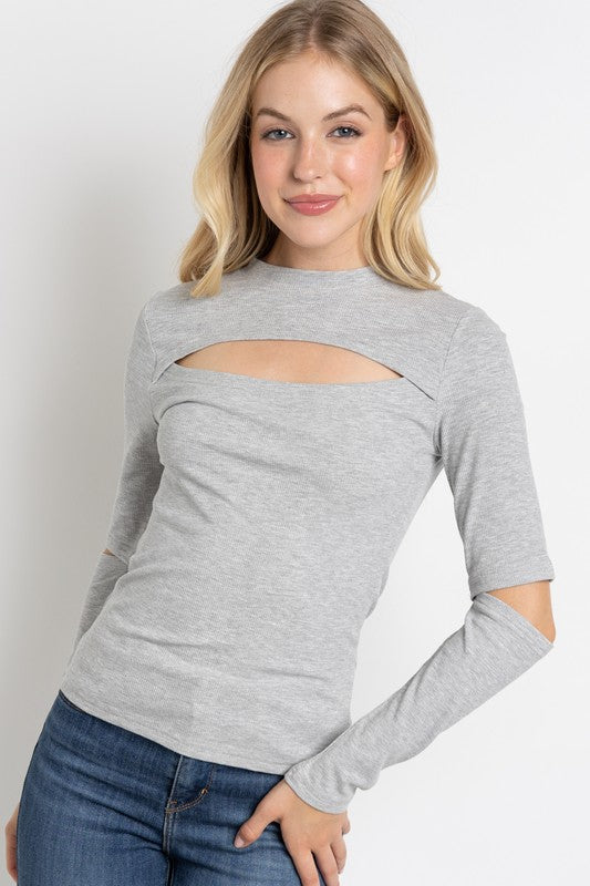 Ribbed Fitted Long Sleeve Top With Chest & Elbow Cutouts