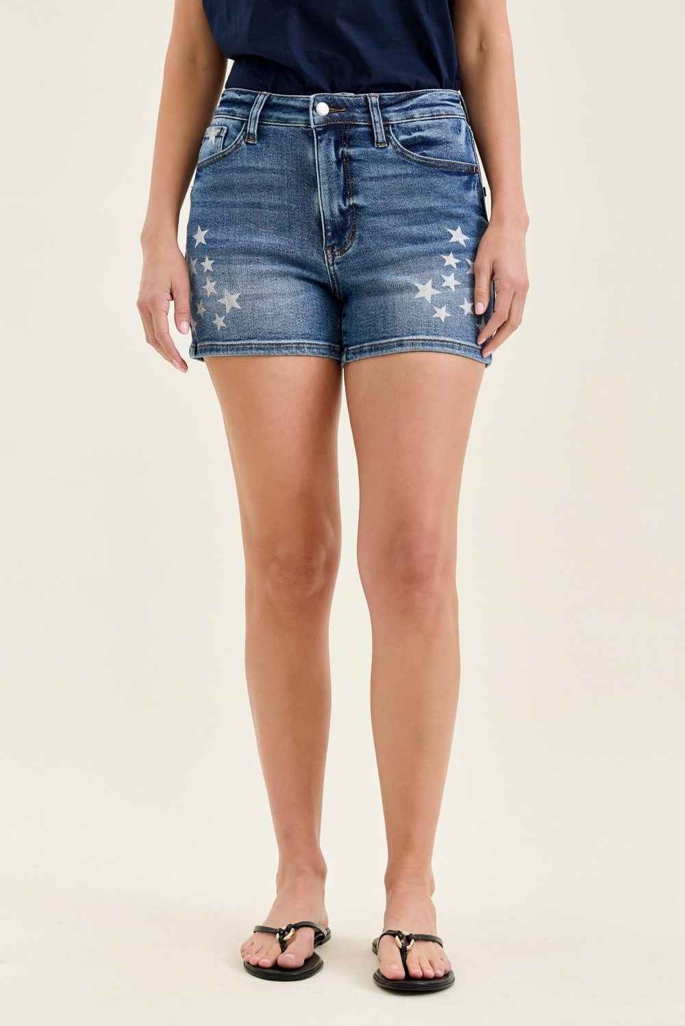 Star Splatter Denim Shorts - Judy Blue High Rise Slim Fit