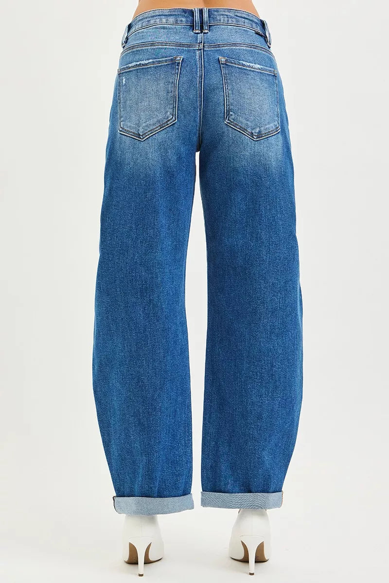 RISEN Barrel Jeans Women - Mid Rise Double Roll Cuff - Fashions Envy