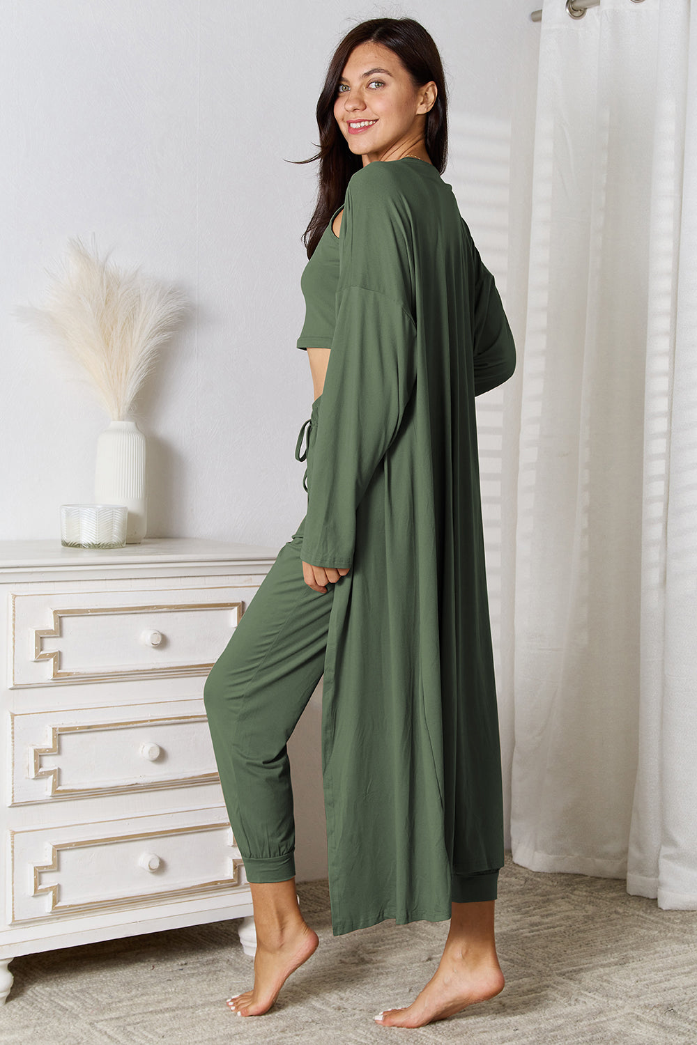 Crop Tank Top & Capri Pants with Long Cardigan Set