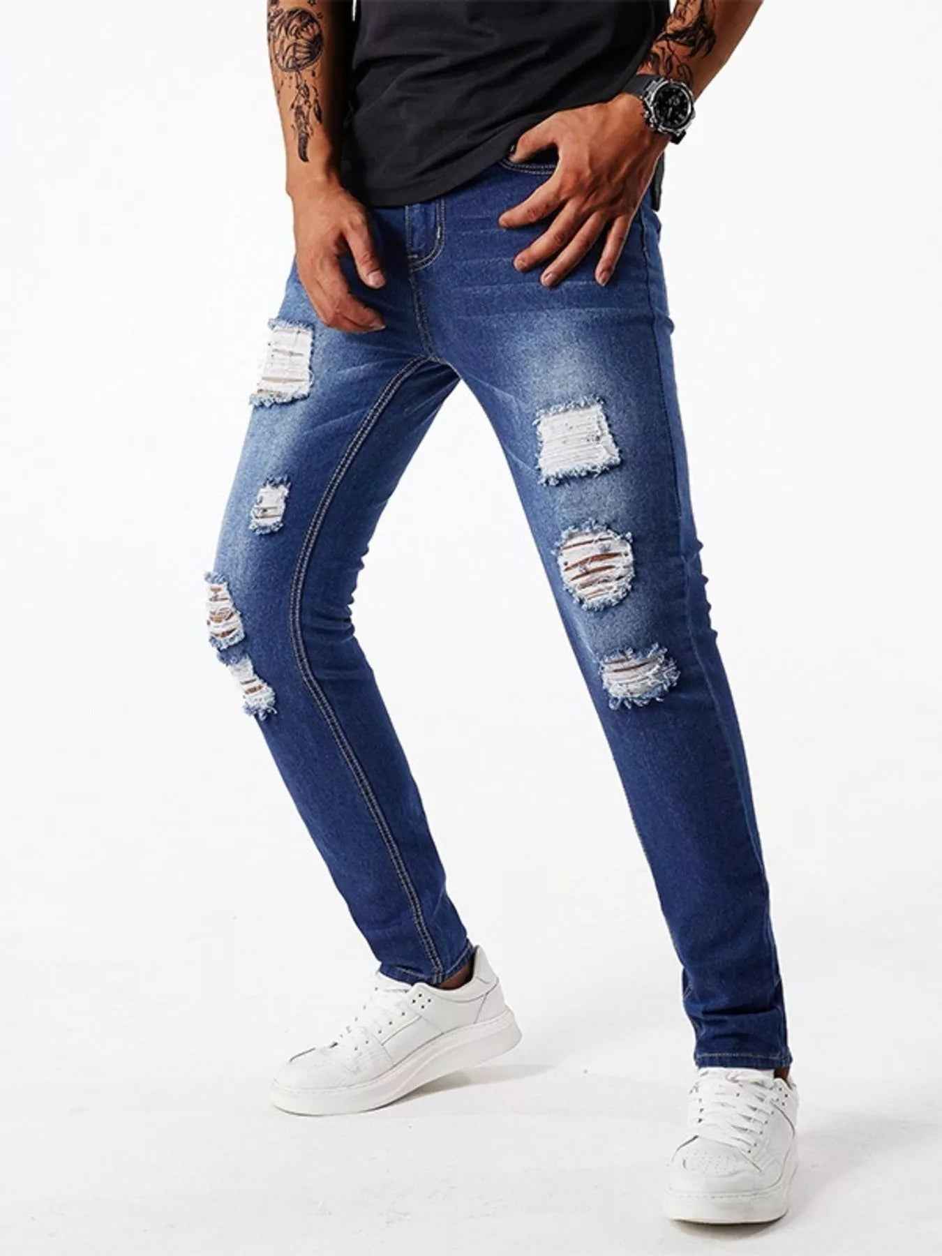 Men's Ripped Slim Fit Jeans - Distressed Stretch Denim - Fashions Envy