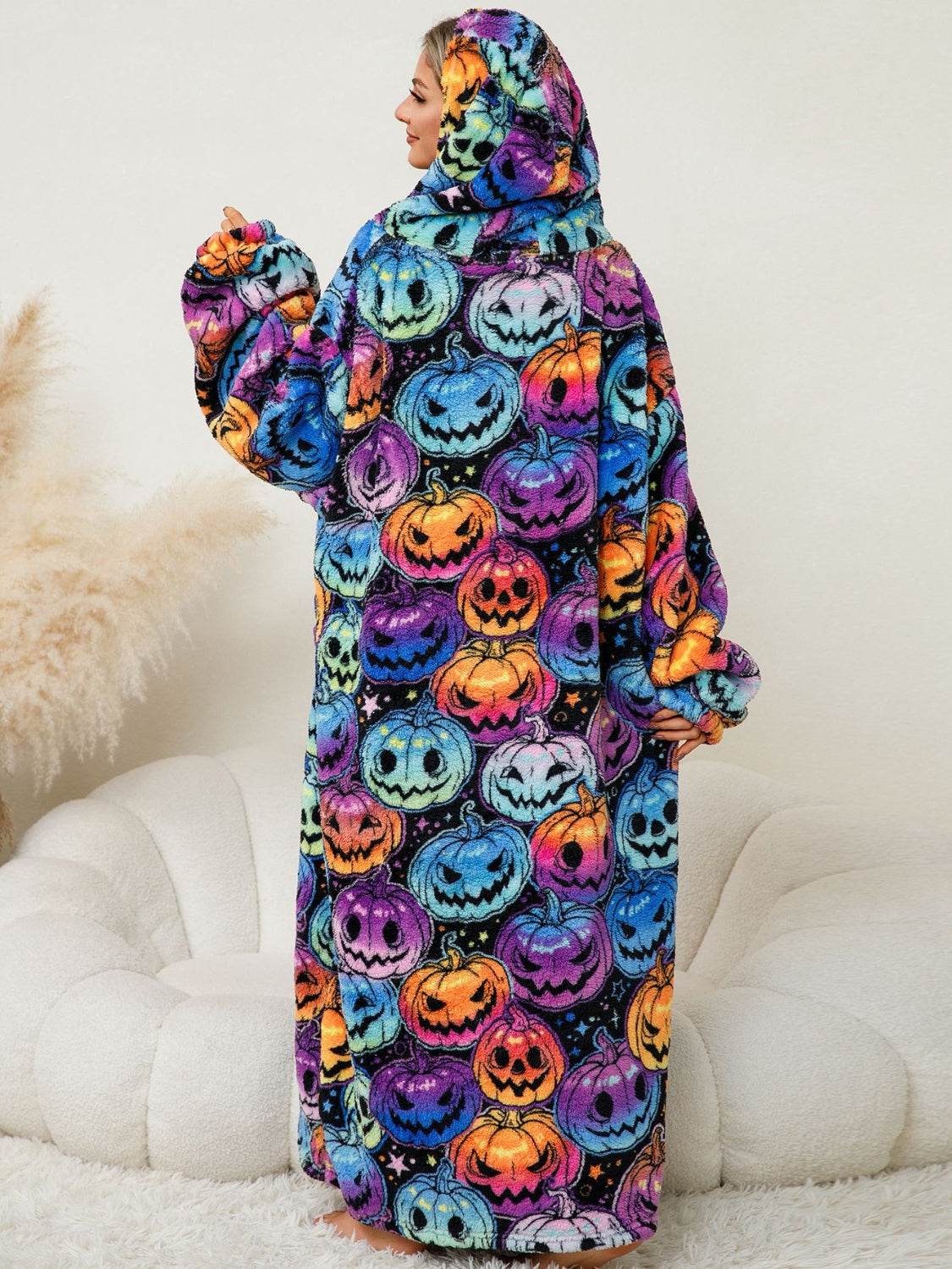 Fuzzy Pocketed Long Sleeve Hooded Lounge Dress - Fashions Envy