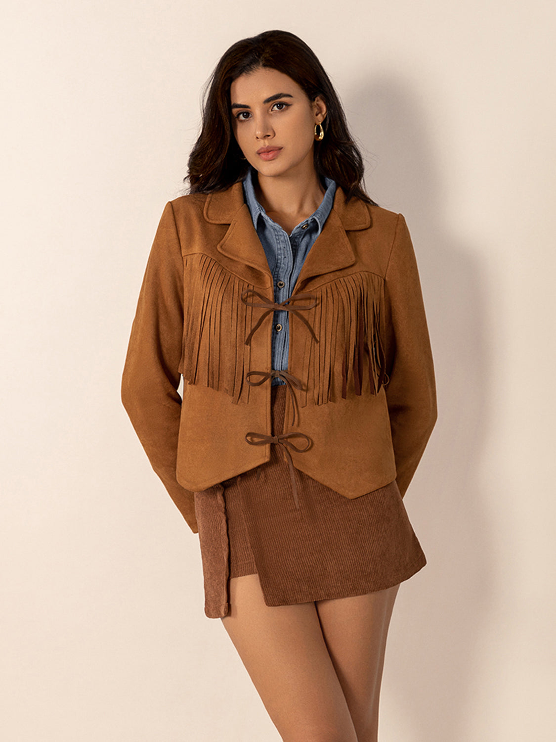 Caramel Tied Tassel Collared Neck Long Sleeve Jacket