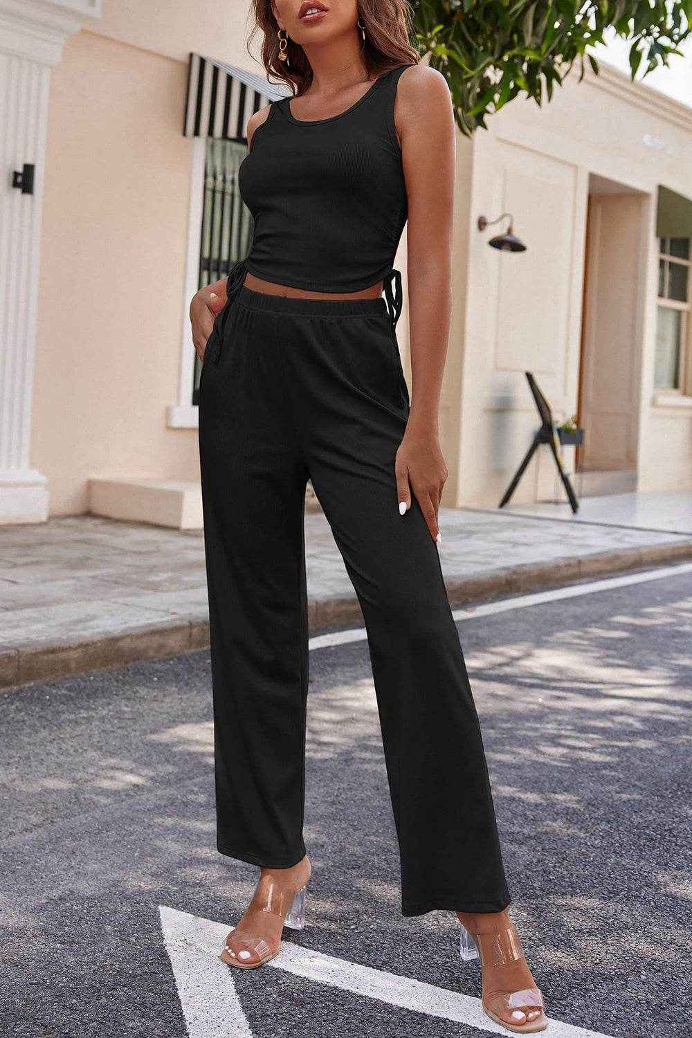 Drawstring Tank - Long Sleeve Cover Up and Pants Set