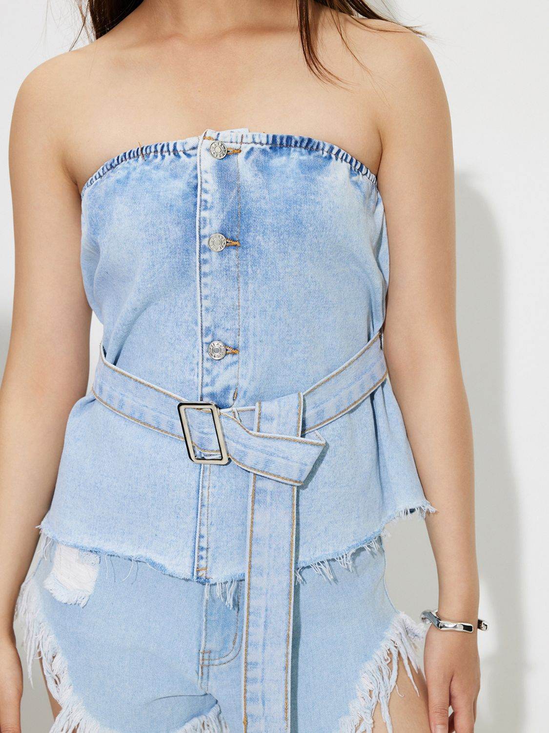 Buttoned Raw Hem Tube Denim Top - Fashions Envy