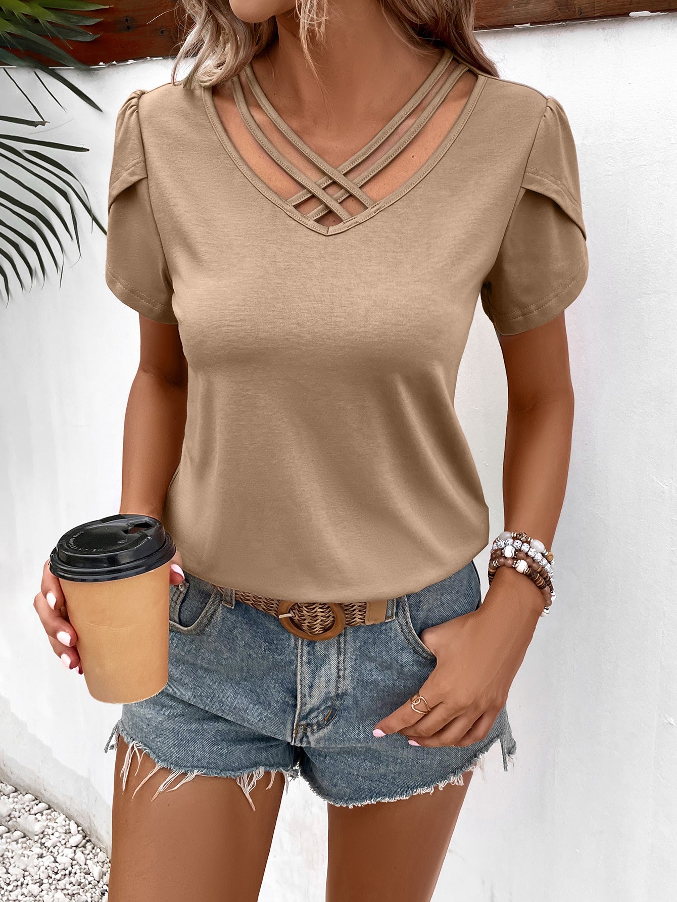 Ivy Lane Strappy V-Neck Petal Sleeve Top - Fashions Envy