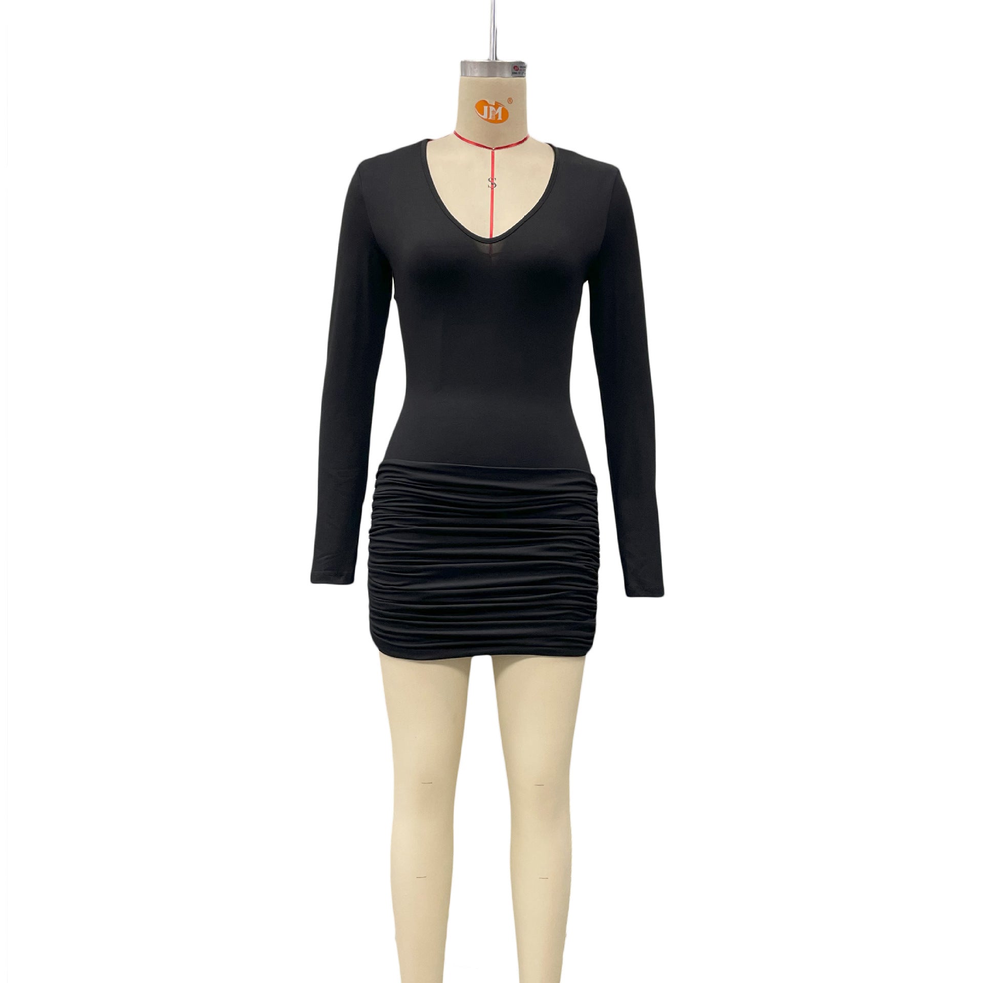 Shirred Elegance Dress - V-Neck Bodycon Mini