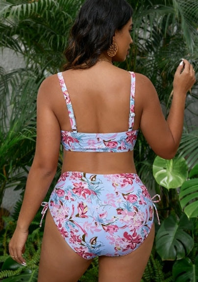 Purple Floral Plus Size Bikini - Halter Tie Neck High Waist