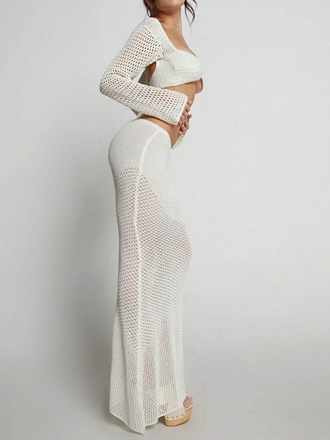 Tied Long Sleeve Top and Skirt Cover Up Set - Fashions Envy