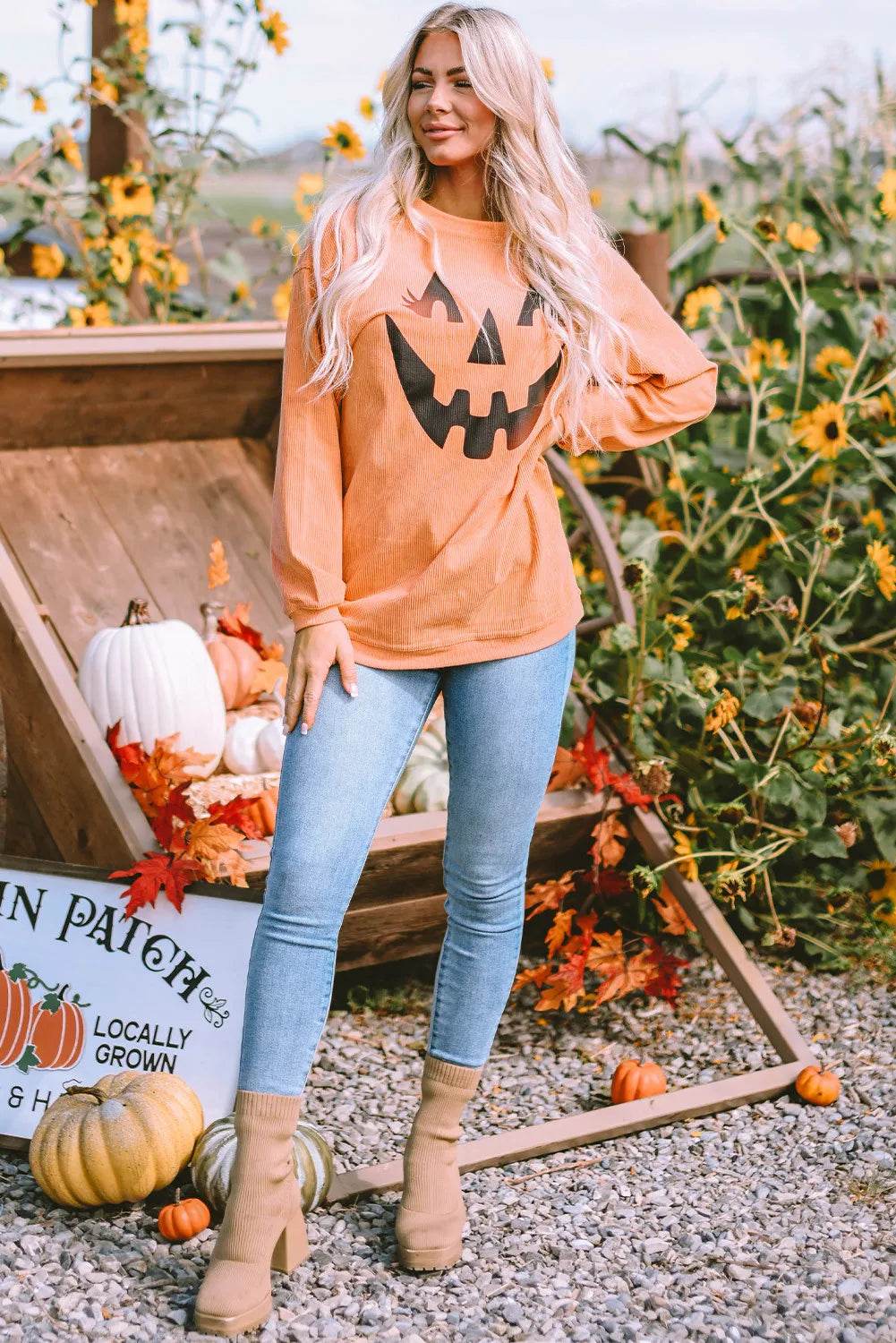 Round Neck Dropped Shoulder Jack-O'-Lantern Graphic Sweatshirt - Fashions Envy