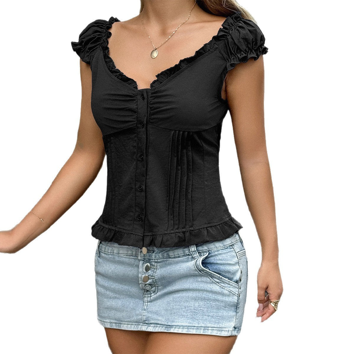 Off-Shoulder Ruffle Top - Button-Front Pleated Blouse