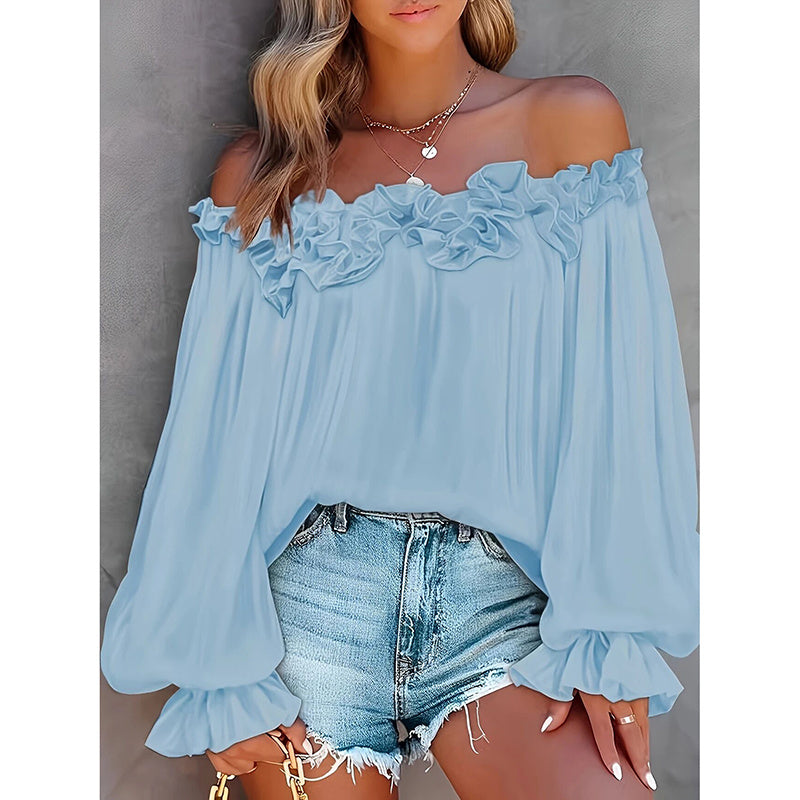 Women's Summer Off Shoulder Ruffle Long Sleeve Blouse - Casual Loose Top