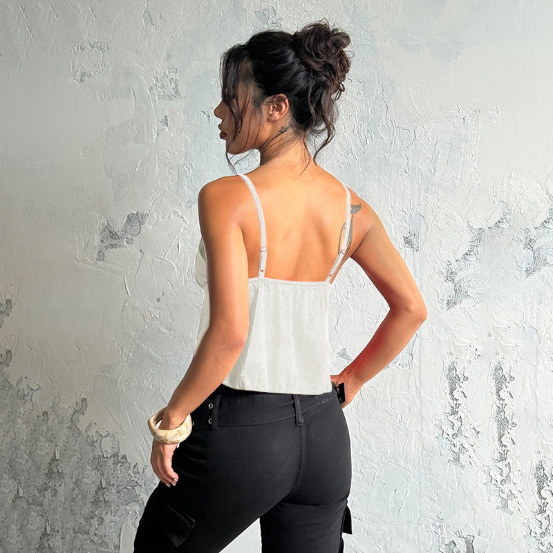 Satin Jacquard Slip Cami Top - V-Neck Loose Fit