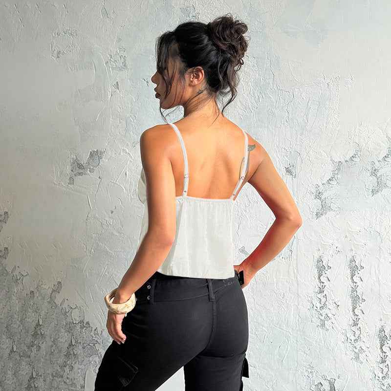 Satin Jacquard Slip Cami Top - V-Neck Loose Fit