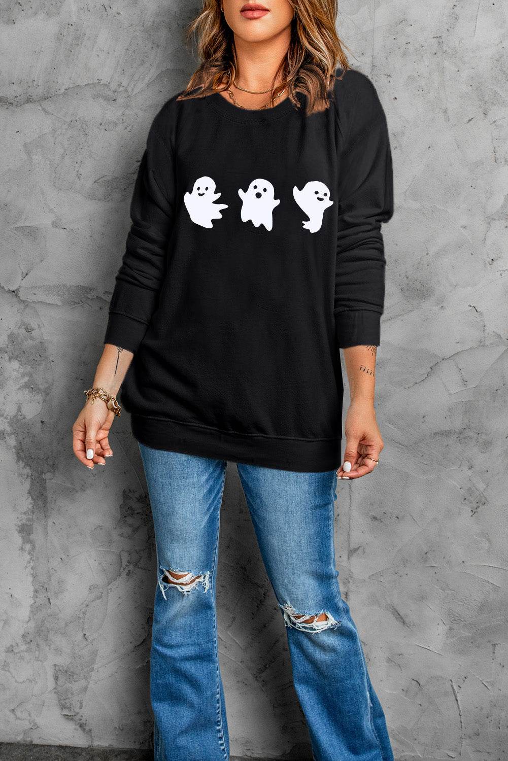 Ghost Round Neck Long Sleeve Sweatshirt - Fashions Envy