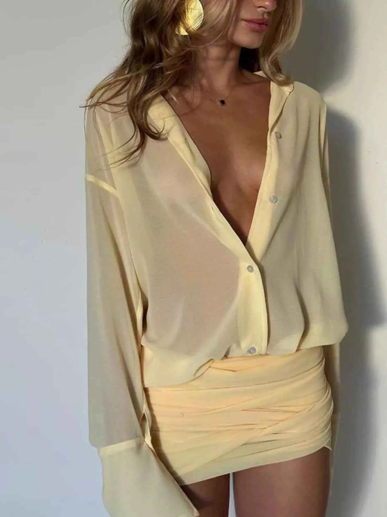 Sheer Button-Down Mini Shirt Dress with Back Tie