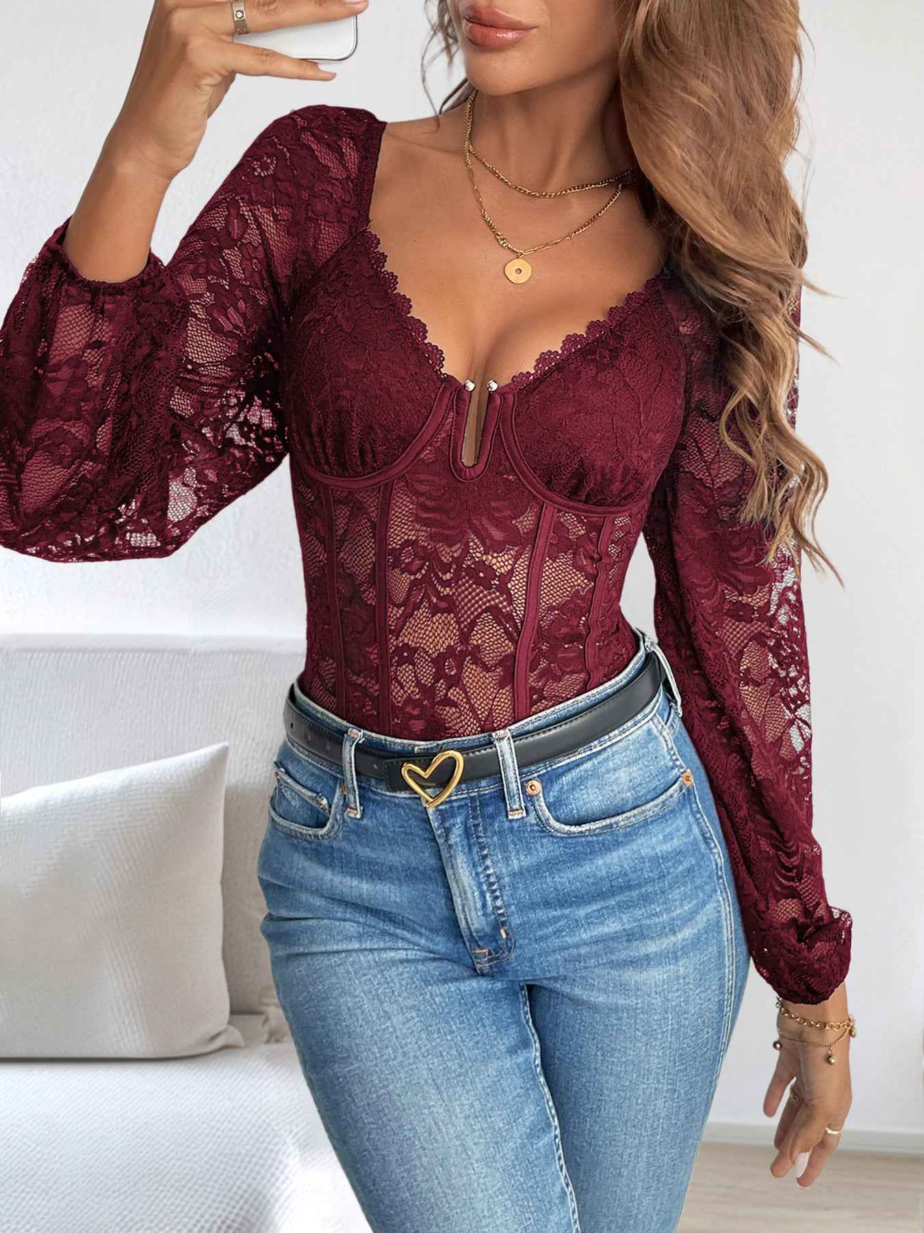 V-Neck Lace Bodysuit - Long Sleeve Sheer Style - Fashions Envy