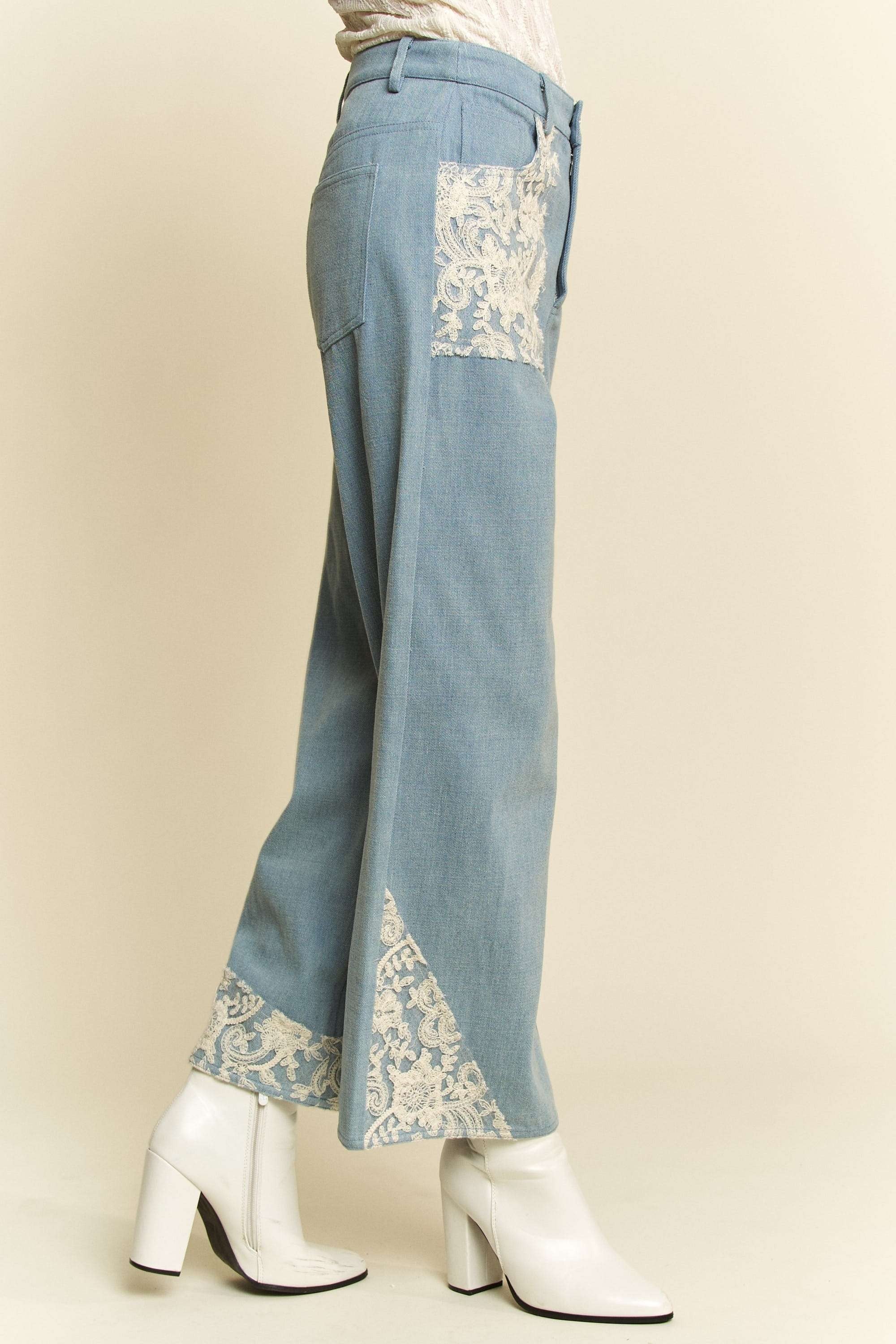 Light Denim Lace Applique Wide Leg Jeans