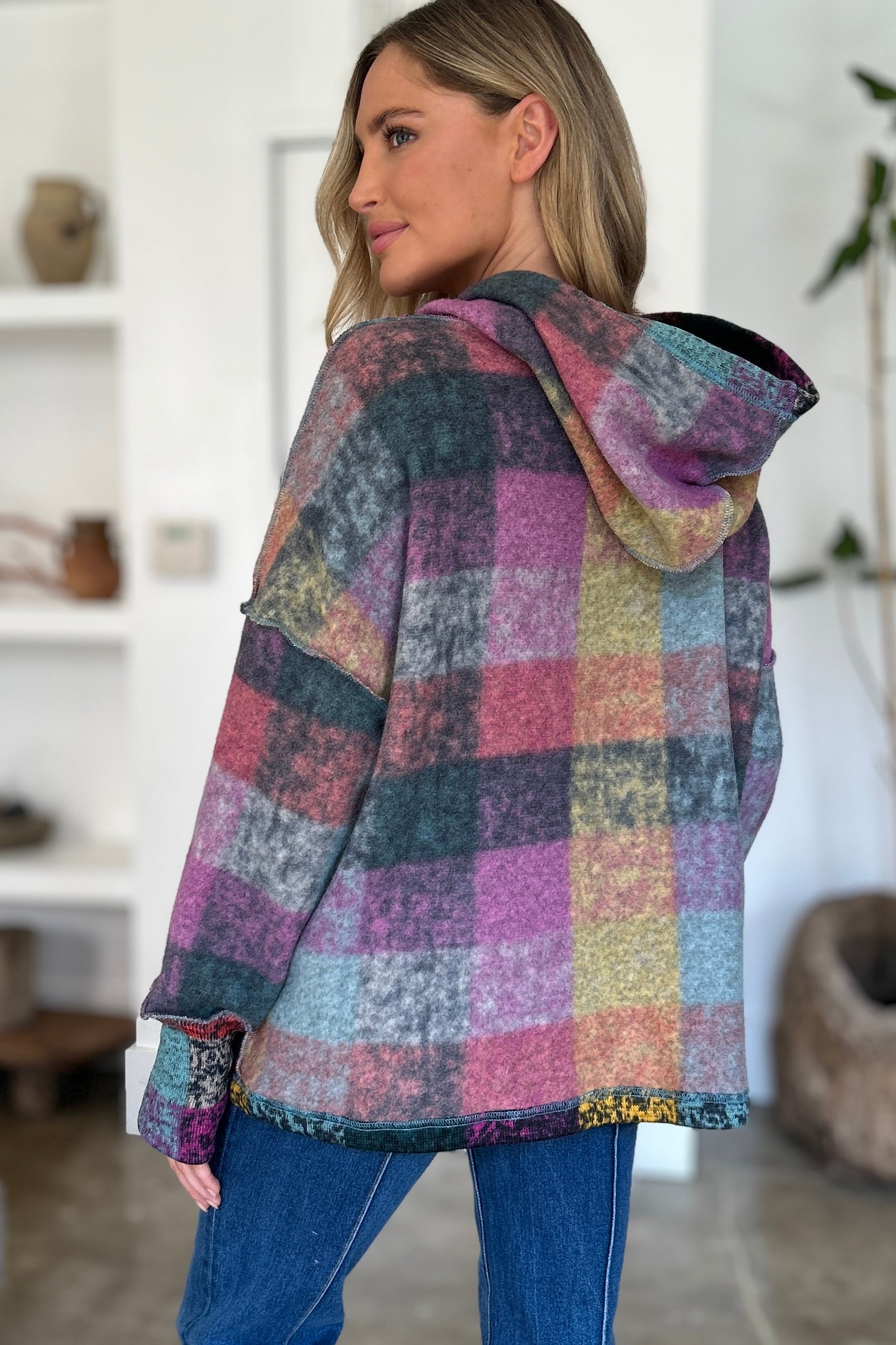 Double Take Full Size Plaid Dropped Shoulder Hoodie - Fashions Envy