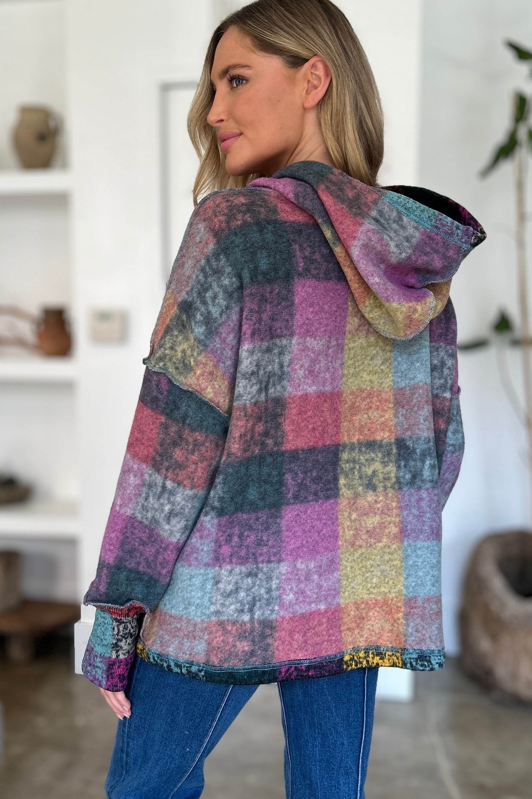 Double Take Full Size Plaid Dropped Shoulder Hoodie - Fashions Envy