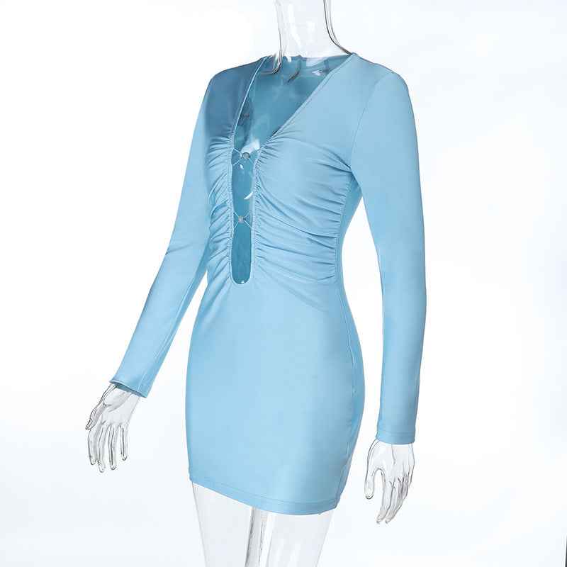 Deep V-neck Mini Dress - Hip Hugging Long Sleeve